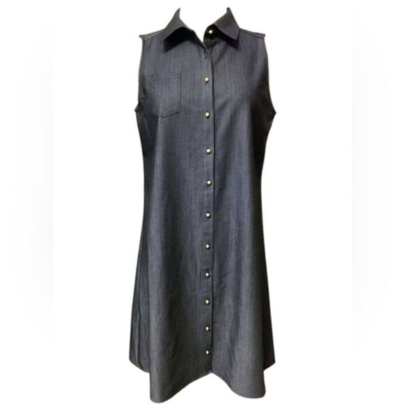 Calvin Klein Sleeveless Denim Blue Button Down Trapeze Dress Size 2 - Picture 1 of 12
